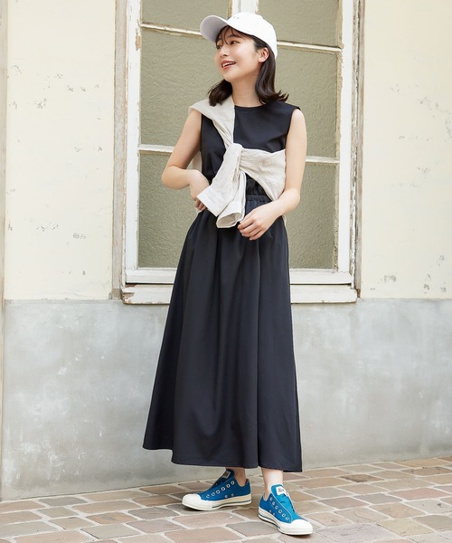 KOBE LETTUCE（コウベレタス）の「ウエストギャザーフレアワンピース（ワンピース・レディース・ブラック×カーキ/ベージュ系その他/ブラック×ブラック・FREE）」の6枚目の写真