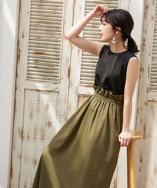 KOBE LETTUCE（コウベレタス）の「ウエストギャザーフレアワンピース（ワンピース・レディース・ブラック×カーキ/ベージュ系その他/ブラック×ブラック・FREE）」の9枚目の写真