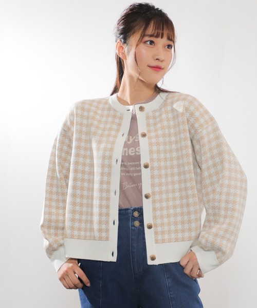 Honeys(ハニーズ)の「チェック柄カーデ(カーディガン/ボレロ・レディース・ブラック/ピンク/サックスブルー/ベージュ・S/M/L)」の7枚目の写真