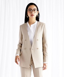 WHITE JOOLA | 【　抗ウィルス　フェイシーAg+　加工生地使用　/　銀の効果で素早く菌の増殖を抑制　】　機能フランネル・カラーレスダブルジャケット（総裏地）(ノーカラージャケット)