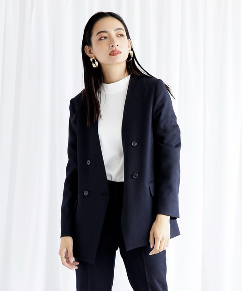 WHITE JOOLA（ホワイトジョーラ）の「【　抗ウィルス　フェイシーAg+　加工生地使用　/　銀の効果で素早く菌の増殖を抑制　】　機能フランネル・カラーレスダブルジャケット（総裏地）（ノーカラージャケット・レディース・ベージュ/ネイビー/ライトグリーン/ライトブラウン・11号/9号/7号）」の4枚目の写真