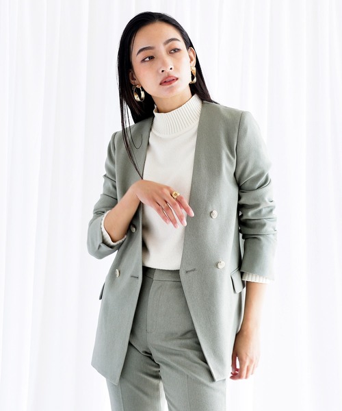 WHITE JOOLA（ホワイトジョーラ）の「【　抗ウィルス　フェイシーAg+　加工生地使用　/　銀の効果で素早く菌の増殖を抑制　】　機能フランネル・カラーレスダブルジャケット（総裏地）（ノーカラージャケット・レディース・ベージュ/ネイビー/ライトグリーン/ライトブラウン・11号/9号/7号）」の3枚目の写真