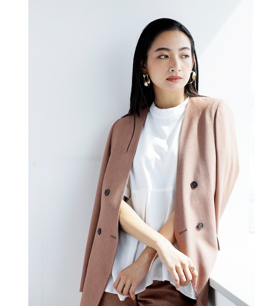 WHITE JOOLA（ホワイトジョーラ）の「【　抗ウィルス　フェイシーAg+　加工生地使用　/　銀の効果で素早く菌の増殖を抑制　】　機能フランネル・カラーレスダブルジャケット（総裏地）（ノーカラージャケット・レディース・ベージュ/ネイビー/ライトグリーン/ライトブラウン・11号/9号/7号）」の14枚目の写真