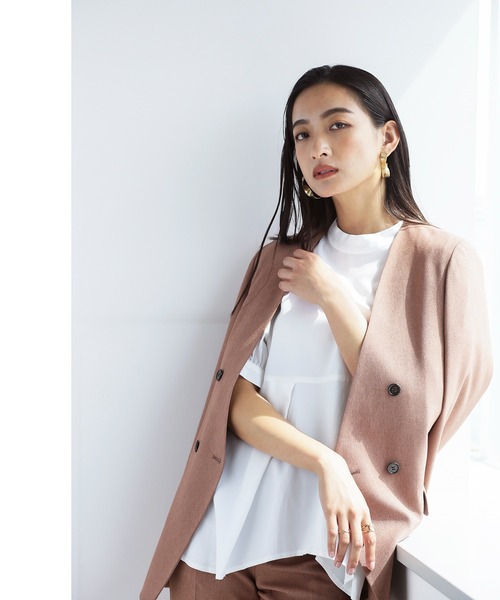 WHITE JOOLA（ホワイトジョーラ）の「【　抗ウィルス　フェイシーAg+　加工生地使用　/　銀の効果で素早く菌の増殖を抑制　】　機能フランネル・カラーレスダブルジャケット（総裏地）（ノーカラージャケット・レディース・ベージュ/ネイビー/ライトグリーン/ライトブラウン・11号/9号/7号）」の22枚目の写真