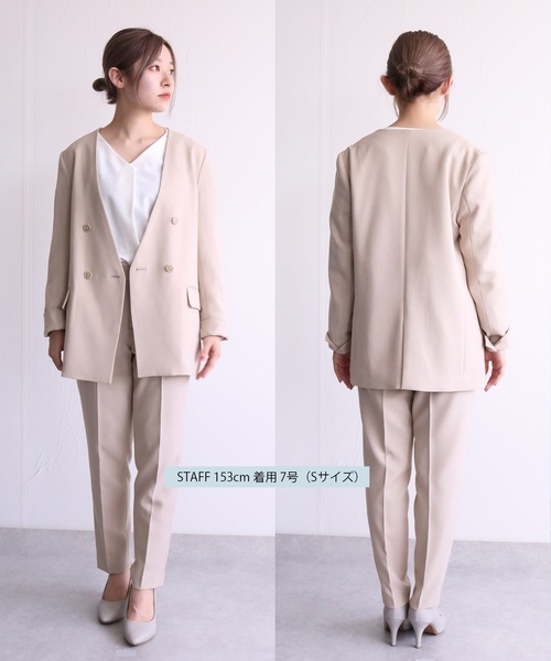 WHITE JOOLA（ホワイトジョーラ）の「【　抗ウィルス　フェイシーAg+　加工生地使用　/　銀の効果で素早く菌の増殖を抑制　】　機能フランネル・カラーレスダブルジャケット（総裏地）（ノーカラージャケット・レディース・ベージュ/ネイビー/ライトグリーン/ライトブラウン・11号/9号/7号）」の18枚目の写真