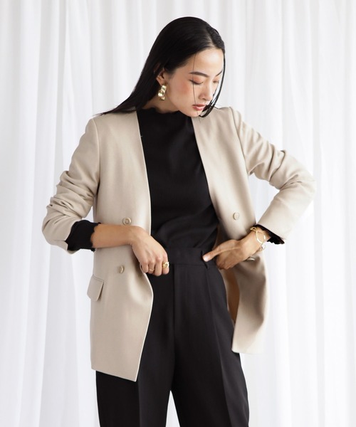 WHITE JOOLA（ホワイトジョーラ）の「【　抗ウィルス　フェイシーAg+　加工生地使用　/　銀の効果で素早く菌の増殖を抑制　】　機能フランネル・カラーレスダブルジャケット（総裏地）（ノーカラージャケット・レディース・ベージュ/ネイビー/ライトグリーン/ライトブラウン・11号/9号/7号）」の15枚目の写真