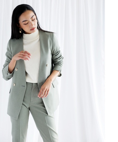 WHITE JOOLA（ホワイトジョーラ）の「【　抗ウィルス　フェイシーAg+　加工生地使用　/　銀の効果で素早く菌の増殖を抑制　】　機能フランネル・カラーレスダブルジャケット（総裏地）（ノーカラージャケット・レディース・ベージュ/ネイビー/ライトグリーン/ライトブラウン・11号/9号/7号）」の20枚目の写真