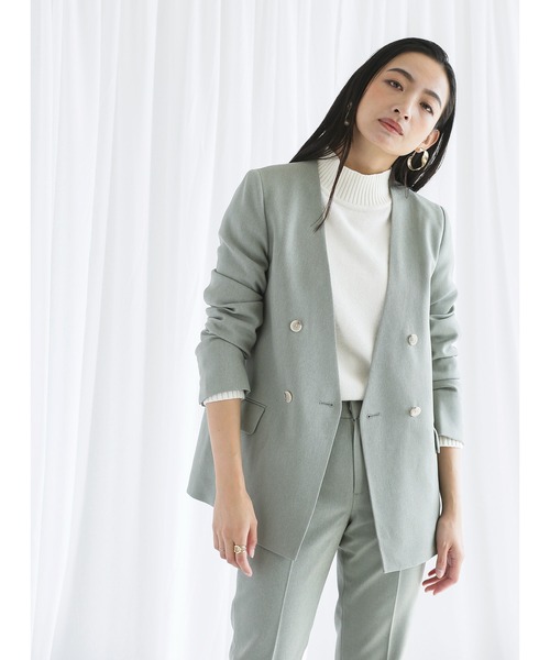 WHITE JOOLA（ホワイトジョーラ）の「【　抗ウィルス　フェイシーAg+　加工生地使用　/　銀の効果で素早く菌の増殖を抑制　】　機能フランネル・カラーレスダブルジャケット（総裏地）（ノーカラージャケット・レディース・ベージュ/ネイビー/ライトグリーン/ライトブラウン・11号/9号/7号）」の12枚目の写真