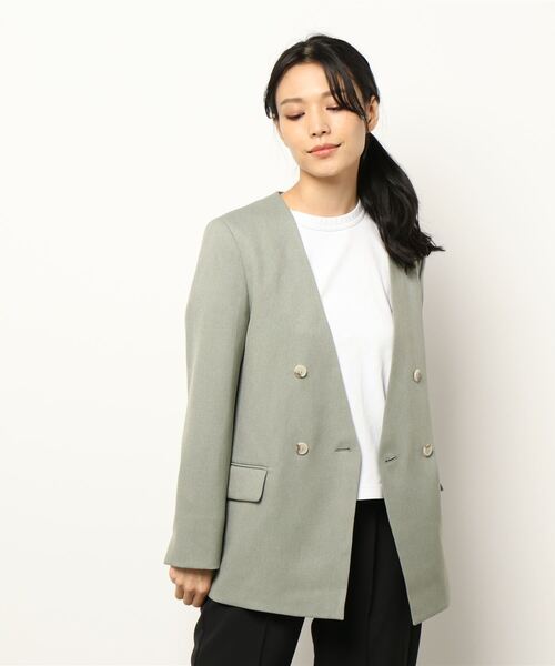 WHITE JOOLA（ホワイトジョーラ）の「【　抗ウィルス　フェイシーAg+　加工生地使用　/　銀の効果で素早く菌の増殖を抑制　】　機能フランネル・カラーレスダブルジャケット（総裏地）（ノーカラージャケット・レディース・ベージュ/ネイビー/ライトグリーン/ライトブラウン・11号/9号/7号）」の9枚目の写真