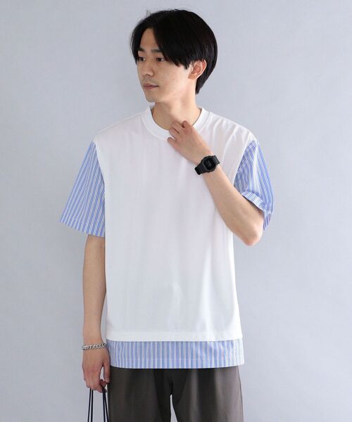 SHIPS(シップス)の「*SHIPS: ポンチ ストライプ スイッチング Tシャツ(Tシャツ/カットソー・メンズ・ホワイト/ブラック/グレー/ブルー・SMALL/MEDIUM/LARGE/X-LARGE)」の2枚目の写真