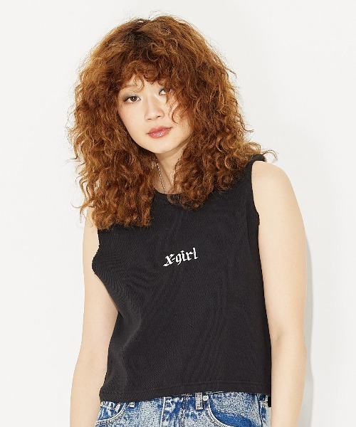 X-girl（エックスガール）の「WAFFLE TANK TOP/ロゴ刺繍/ワッフル タンクトップ（タンクトップ・レディース・ブラック/ホワイト/ライトブルー・M/S）」の3枚目の写真