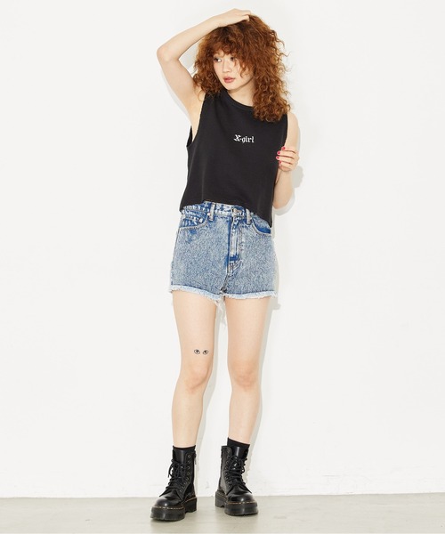 X-girl（エックスガール）の「WAFFLE TANK TOP/ロゴ刺繍/ワッフル タンクトップ（タンクトップ・レディース・ブラック/ホワイト/ライトブルー・M/S）」の6枚目の写真