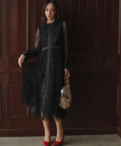 セール】リニューアル［Callarus］チュール使い花柄デザインワンピース