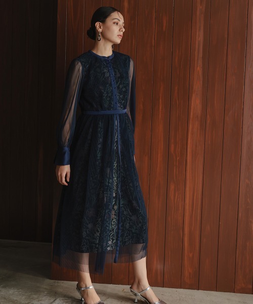 Callarus（カラルス）の「リニューアル［Callarus］チュール使い花柄デザインワンピースドレス（ドレス・レディース・ブラック系/カーキ系/ネイビー系・LL/3L/M/L/4L/5L）」の7枚目の写真