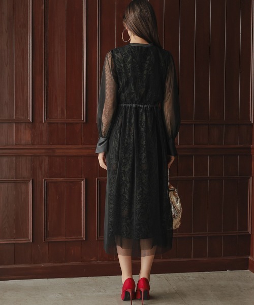 セール】リニューアル［Callarus］チュール使い花柄デザインワンピース