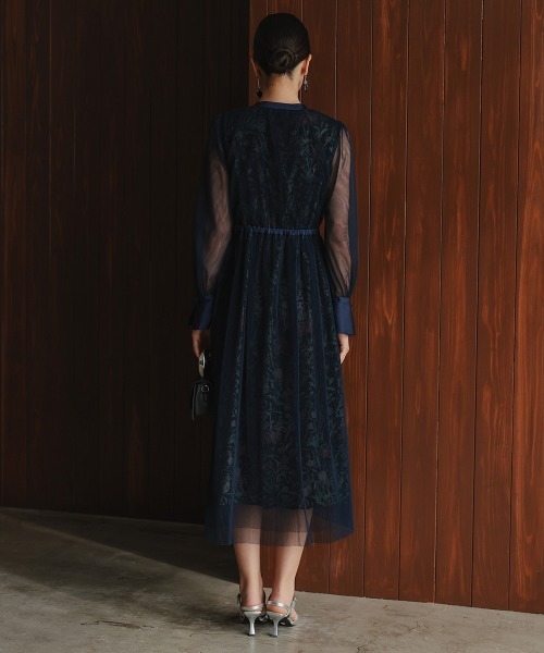 Callarus チュール使い花柄デザインワンピースドレス 結婚式・パーティー・オケージョンドレス】チュール使い花柄デザイン