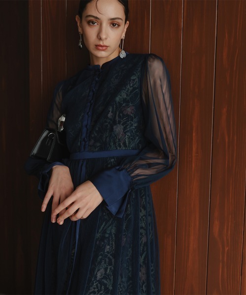 Callarus］チュール使い花柄デザインワンピースドレス（ドレス