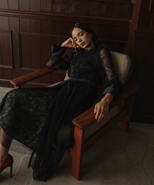 セール】リニューアル［Callarus］チュール使い花柄デザインワンピース