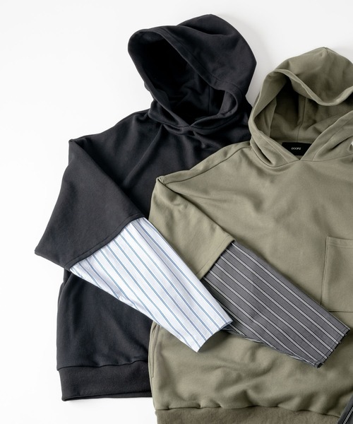 DOOPZ（ドープス）の「レイヤードスリーブフーディー（パーカー・メンズ・グレイッシュベージュ/ブラック・SMALL/MEDIUM/LARGE）」の12枚目の写真