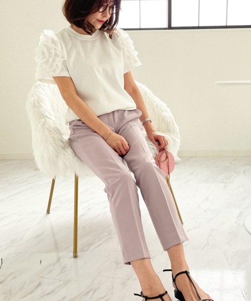 M y u（ミュー）の「デザインフリルスリーブ半袖Tシャツ　ブラウス　プルオーバー（Tシャツ/カットソー・レディース・ブラック系1/グレー系1/ブラック/ホワイト/グレー/ホワイト系1/ベージュ/カーキ/ベージュ系1/カーキ系1・FREE/ML）」の14枚目の写真