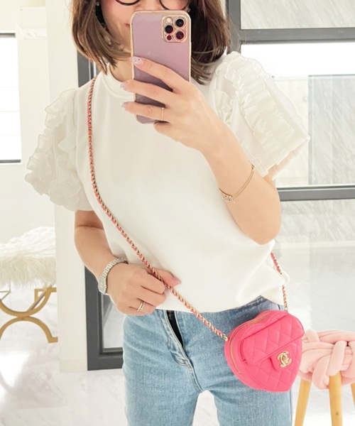 M y u（ミュー）の「デザインフリルスリーブ半袖Tシャツ　ブラウス　プルオーバー（Tシャツ/カットソー・レディース・ブラック系1/グレー系1/ブラック/ホワイト/グレー/ホワイト系1/ベージュ/カーキ/ベージュ系1/カーキ系1・FREE/ML）」の18枚目の写真