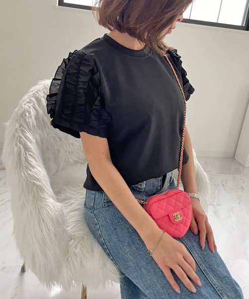 M y u（ミュー）の「デザインフリルスリーブ半袖Tシャツ　ブラウス　プルオーバー（Tシャツ/カットソー・レディース・ブラック系1/グレー系1/ブラック/ホワイト/グレー/ホワイト系1/ベージュ/カーキ/ベージュ系1/カーキ系1・FREE/ML）」の22枚目の写真