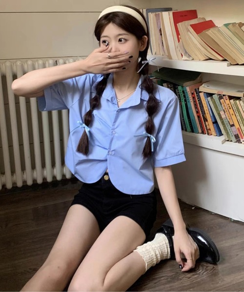 Chick（チック）の「Round Cut Short SS Shirt / ラウンドカットショート丈シャツ クロップド丈 半袖（シャツ/ブラウス・レディース・ホワイト/ブルー・FREE）」の8枚目の写真