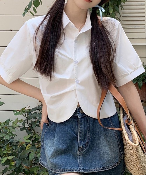 Chick（チック）の「Round Cut Short SS Shirt / ラウンドカットショート丈シャツ クロップド丈 半袖（シャツ/ブラウス・レディース・ホワイト/ブルー・FREE）」の22枚目の写真