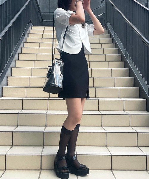 Chick（チック）の「Round Cut Short SS Shirt / ラウンドカットショート丈シャツ クロップド丈 半袖（シャツ/ブラウス・レディース・ホワイト/ブルー・FREE）」の13枚目の写真