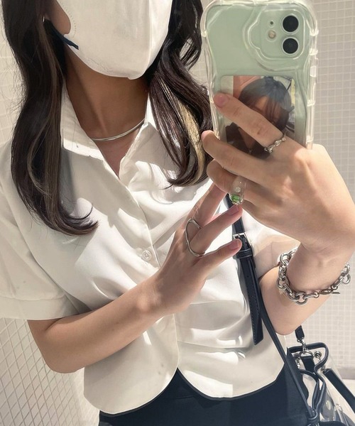 Chick（チック）の「Round Cut Short SS Shirt / ラウンドカットショート丈シャツ クロップド丈 半袖（シャツ/ブラウス・レディース・ホワイト/ブルー・FREE）」の14枚目の写真