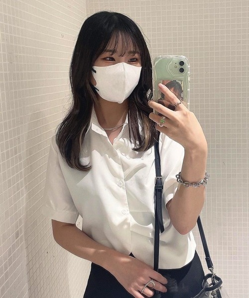 Chick（チック）の「Round Cut Short SS Shirt / ラウンドカットショート丈シャツ クロップド丈 半袖（シャツ/ブラウス・レディース・ホワイト/ブルー・FREE）」の15枚目の写真