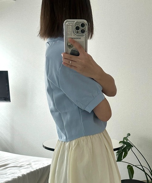 Chick（チック）の「Round Cut Short SS Shirt / ラウンドカットショート丈シャツ クロップド丈 半袖（シャツ/ブラウス・レディース・ホワイト/ブルー・FREE）」の19枚目の写真