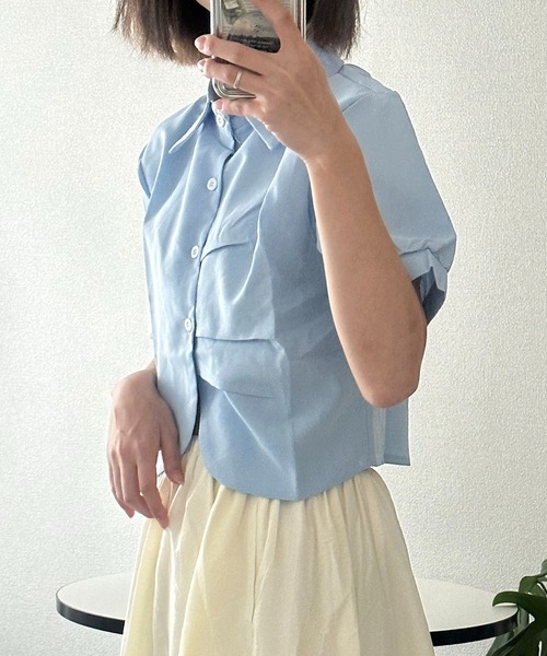 Chick（チック）の「Round Cut Short SS Shirt / ラウンドカットショート丈シャツ クロップド丈 半袖（シャツ/ブラウス・レディース・ホワイト/ブルー・FREE）」の17枚目の写真