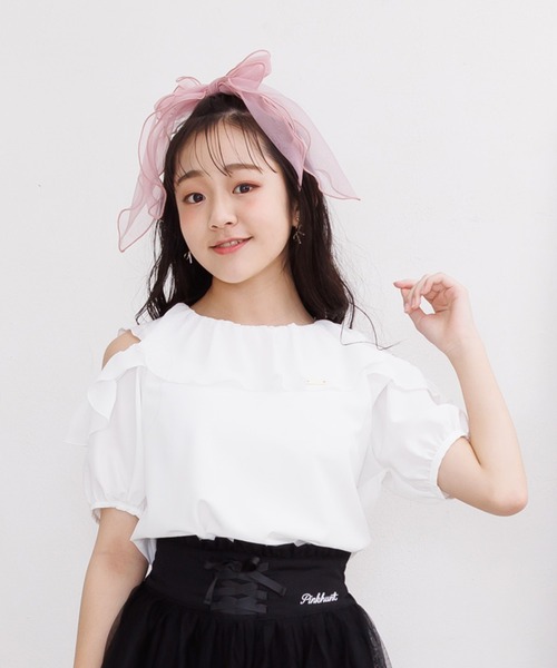 BABY, 半袖ピンクブラウス ビッグリボンドットドビートップス キッズ 女の子 ベビー 半袖