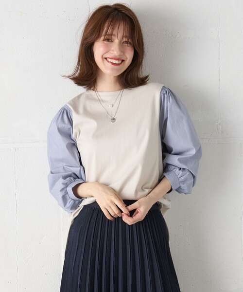 ANY(エニィ)の「【洗濯機可】着映えるシャーリングトップス(Tシャツ/カットソー・レディース・グリーン系/グレー系/ピンク系/アイボリー系1/ネイビー系1・3/2)」の3枚目の写真