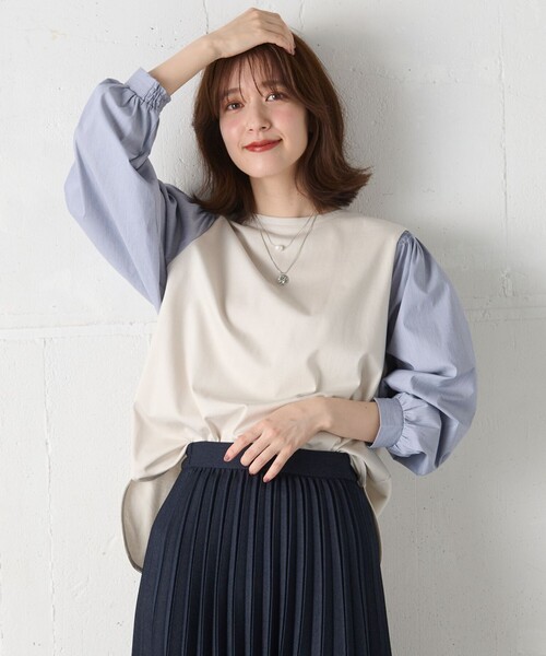 ANY(エニィ)の「【洗濯機可】着映えるシャーリングトップス(Tシャツ/カットソー・レディース・グリーン系/グレー系/ピンク系/アイボリー系1/ネイビー系1・3/2)」の9枚目の写真