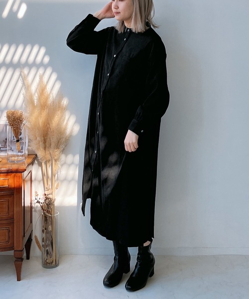 AS KNOW AS plus（アズノゥアズプラス）の「☆プリーツ切り替えシャツワンピ―ス（ワンピース・レディース・ブラック/イエロー系/カーキ・FREE）」の4枚目の写真