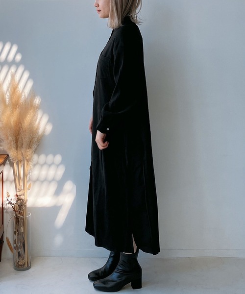 AS KNOW AS plus（アズノゥアズプラス）の「☆プリーツ切り替えシャツワンピ―ス（ワンピース・レディース・ブラック/イエロー系/カーキ・FREE）」の5枚目の写真