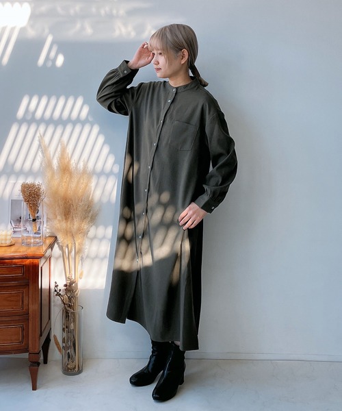 AS KNOW AS plus（アズノゥアズプラス）の「☆プリーツ切り替えシャツワンピ―ス（ワンピース・レディース・ブラック/イエロー系/カーキ・FREE）」の9枚目の写真