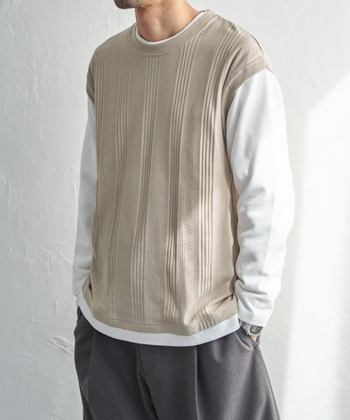 ikka(イッカ)の「ヘリンボンジャカードフェイクベストロンT(Tシャツ/カットソー・メンズ・グリーン/ネイビー/ピンク/ベージュ・L/XL/M/S)」の2枚目の写真