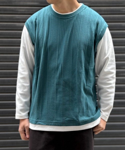 ikka(イッカ)の「ヘリンボンジャカードフェイクベストロンT(Tシャツ/カットソー・メンズ・グリーン/ネイビー/ピンク/ベージュ・L/XL/M/S)」の3枚目の写真