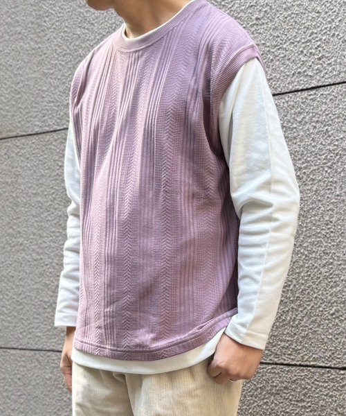 ikka(イッカ)の「ヘリンボンジャカードフェイクベストロンT(Tシャツ/カットソー・メンズ・グリーン/ネイビー/ピンク/ベージュ・L/XL/M/S)」の4枚目の写真