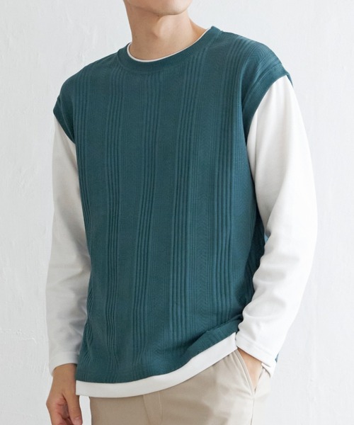 ikka(イッカ)の「ヘリンボンジャカードフェイクベストロンT(Tシャツ/カットソー・メンズ・グリーン/ネイビー/ピンク/ベージュ・L/XL/M/S)」の1枚目の写真