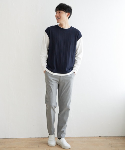 ikka(イッカ)の「ヘリンボンジャカードフェイクベストロンT(Tシャツ/カットソー・メンズ・グリーン/ネイビー/ピンク/ベージュ・L/XL/M/S)」の9枚目の写真