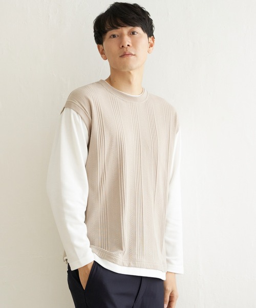 ikka(イッカ)の「ヘリンボンジャカードフェイクベストロンT(Tシャツ/カットソー・メンズ・グリーン/ネイビー/ピンク/ベージュ・L/XL/M/S)」の14枚目の写真