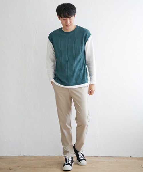 ikka(イッカ)の「ヘリンボンジャカードフェイクベストロンT(Tシャツ/カットソー・メンズ・グリーン/ネイビー/ピンク/ベージュ・L/XL/M/S)」の7枚目の写真