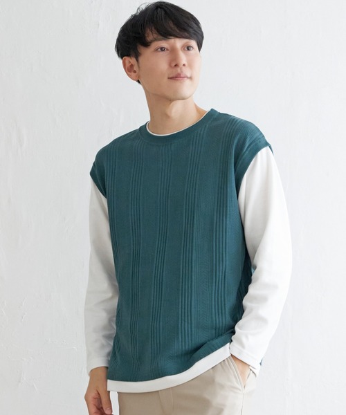 ikka(イッカ)の「ヘリンボンジャカードフェイクベストロンT(Tシャツ/カットソー・メンズ・グリーン/ネイビー/ピンク/ベージュ・L/XL/M/S)」の21枚目の写真