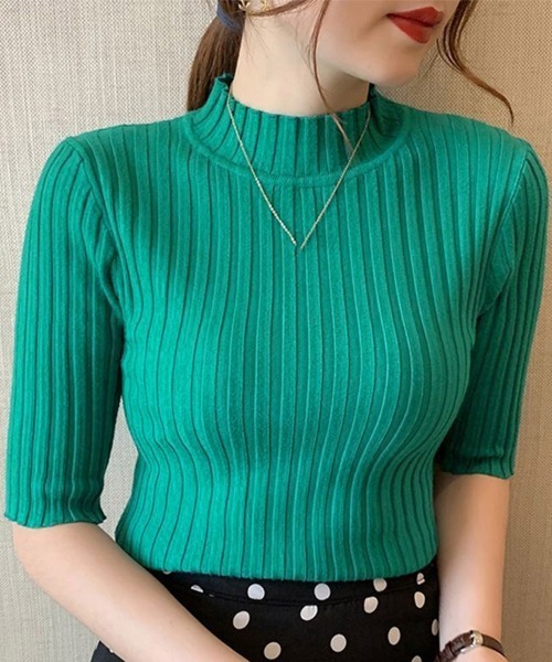 Miniministore（ミニミニストア）の「リブニットトップス レディース半袖春秋夏（ニット/セーター・レディース・ブルーグレー/グリーン/ホワイト/ダークベージュ/イエロー/ブラック・FREE）」の5枚目の写真