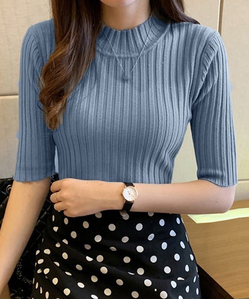 Miniministore（ミニミニストア）の「リブニットトップス レディース半袖春秋夏（ニット/セーター・レディース・ブルーグレー/グリーン/ホワイト/ダークベージュ/イエロー/ブラック・FREE）」の14枚目の写真