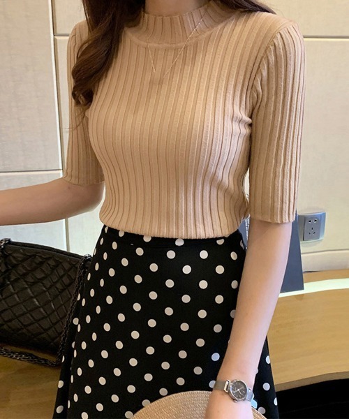 Miniministore（ミニミニストア）の「リブニットトップス レディース半袖春秋夏（ニット/セーター・レディース・ブルーグレー/グリーン/ホワイト/ダークベージュ/イエロー/ブラック・FREE）」の16枚目の写真